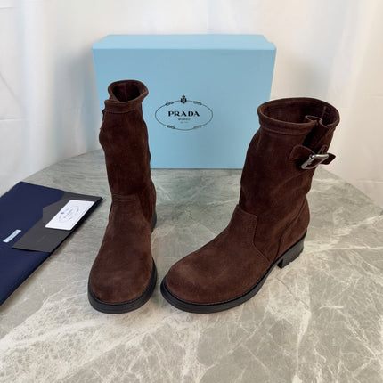 PRADA 26S ANKLE BIKER BOOTS IN DARK BROWN SUEDE