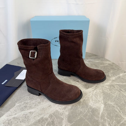 PRADA 26S ANKLE BIKER BOOTS IN DARK BROWN SUEDE