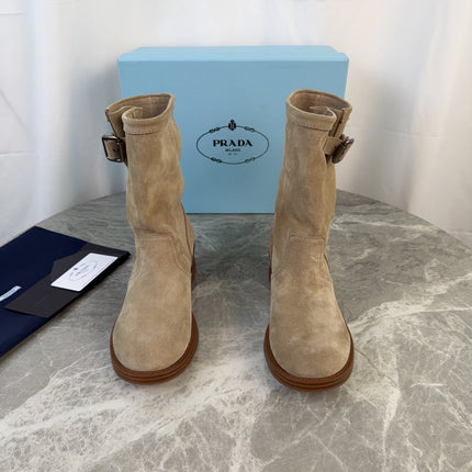 PRADA 26S ANKLE BIKER BOOTS IN BEIGE SUEDE