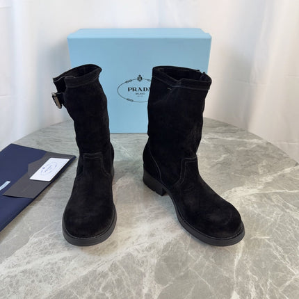 PRADA 26S ANKLE BIKER BOOTS IN BLACK SUEDE