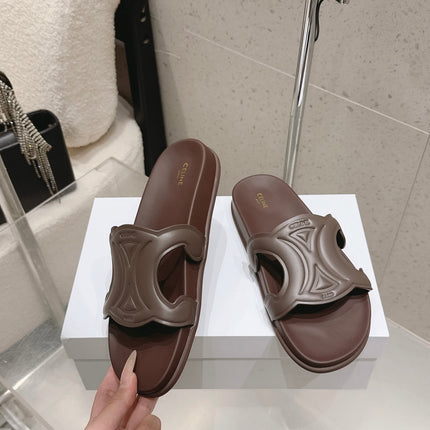 CELINE 26S TRIOMPHE SLIDES IN DARK BROWN CALFSKIN