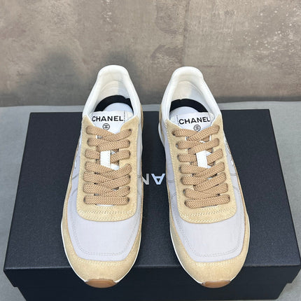 CHANEL 26S RUNNING SNEAKERS IN BEIGE AND GREY MATERIAL CC LOGO