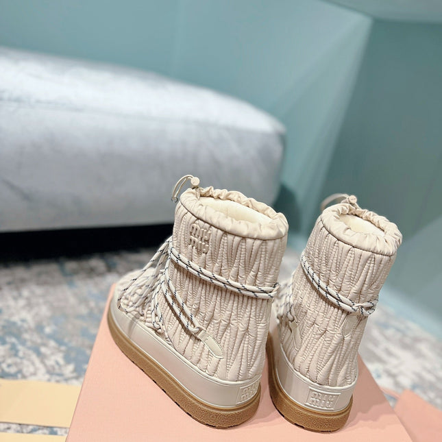 MIUMIU 26S ANKLE SNOW BOOTS IN BEIGE FABRIC