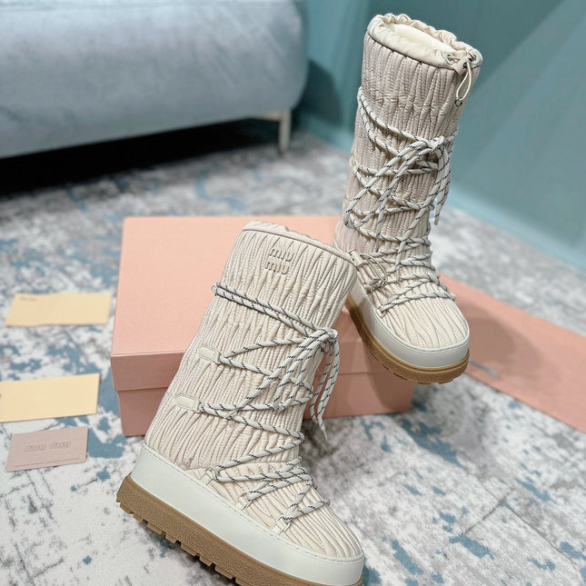 MIUMIU 26S ANKLE SNOW BOOTS IN BEIGE FABRIC STYLE 14
