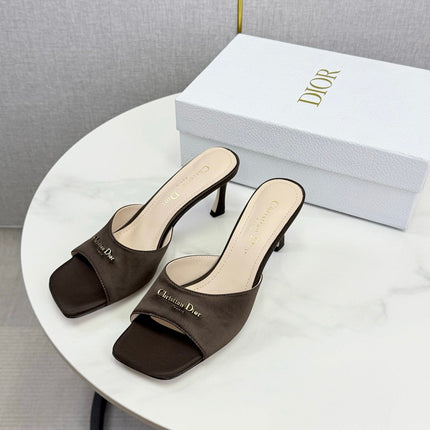 DIOR 26S HIGH-HEELED MULES IN DARK BROWN SATIN GOLD HARDWARE