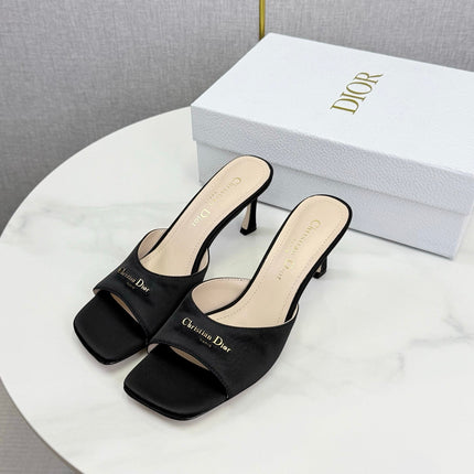 DIOR 26S HIGH-HEELED MULES IN BLACK SATIN GOLD HARDWARE