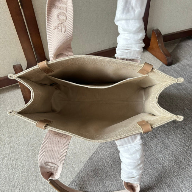MEDIUM WOODY TOTE BAG 37 IN BEIGE LINEN CANVAS LIGHT PINK WEBBING LOGO EMBROIDERY