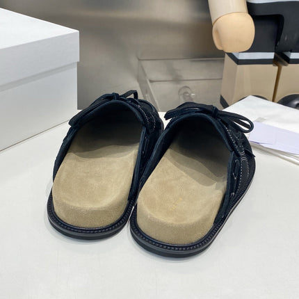 THE ROW 26S FRINGE LACE UP MULES IN BLACK SUEDE