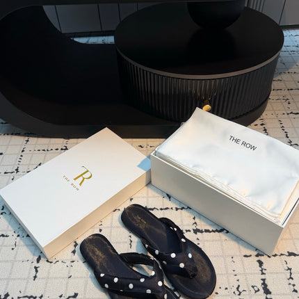 THE ROW 26S THONG SANDALS IN BLACK POLKA DOT SATIN