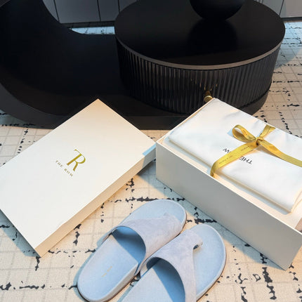 THE ROW 26S THONG SLIDE SANDALS IN POWDER BLUE SUEDE