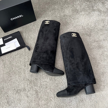 CHANEL 25S HIGH BOOTS 55MM IN BLACK SUEDE AND CANVAS GOLD HARDWARE
