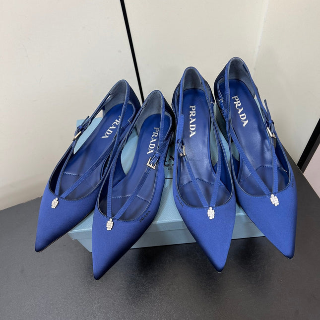 CUT-OUT BALLERINA FLAT IN NAVY BLUE SATIN ATTACHED BEAD BUCKLE