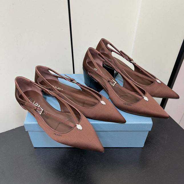 CUT-OUT BALLERINA FLAT IN CHOCOLATE BROWN SATIN ATTACHED BEAD BUCKLE