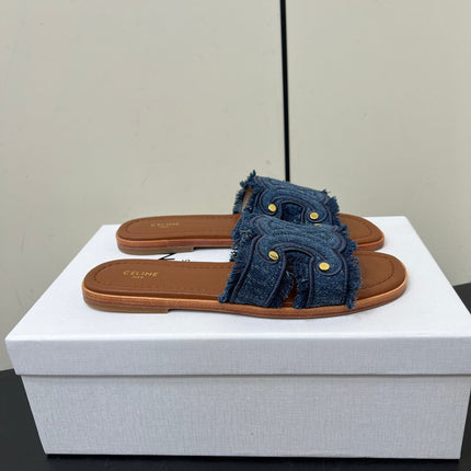 CELINE FLAT SANDALS IN BLUE TRIOMPHE DENIM