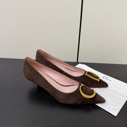 DIOR 26S POINTED-TOE HIGH HEELS 35MM IN DARK BROWN SUEDE GOLD HARDWARE