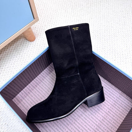 PRADA 25S LOW-CUT BOOTS IN BLACK SUEDE
