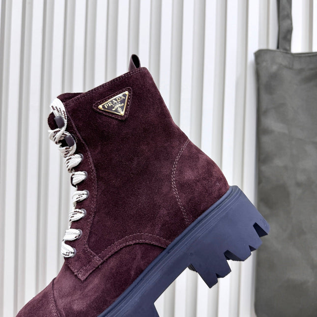 PRADA 25S MONOLITH BOOTS IN DARK PLUM BROWN SUEDE
