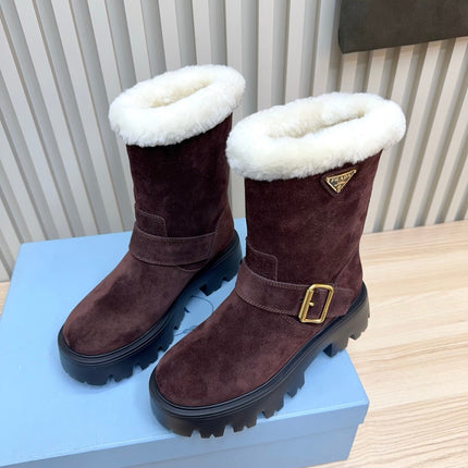 PRADA 25S MARTIN BOOTS IN DARK BURGUNDY BROWN SUEDE FUR-LINED