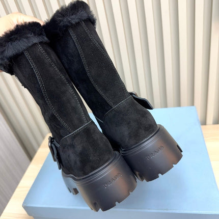 PRADA 25S MARTIN BOOTS IN DARK NAVY BLUE SUEDE FUR-LINED