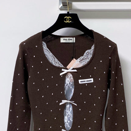 MIUMIU 26S LACE-TRIM BOW KNIT CARDIGAN 1398