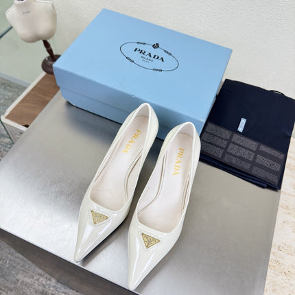 PRADA 26S POINTED TOE PUMPS 75MM IN WHITE PATENT CALFSKIN