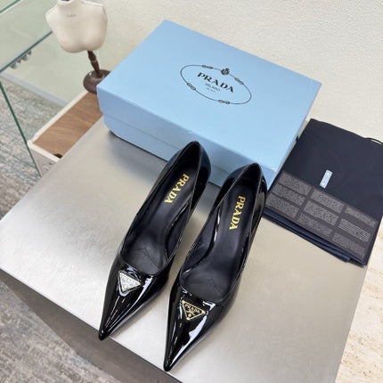 PRADA 26S POINTED TOE PUMPS 75MM IN BLACK PATENT CALFSKIN