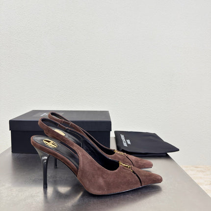 YSL 26S SLINGBACK HIGH HEELS 105 MM IN DARK BROWN SUEDE