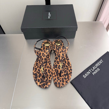 YSL 26S THONG SANDALS IN LEOPARD-PRINT CANVAS WITH GOLD HARDWARE