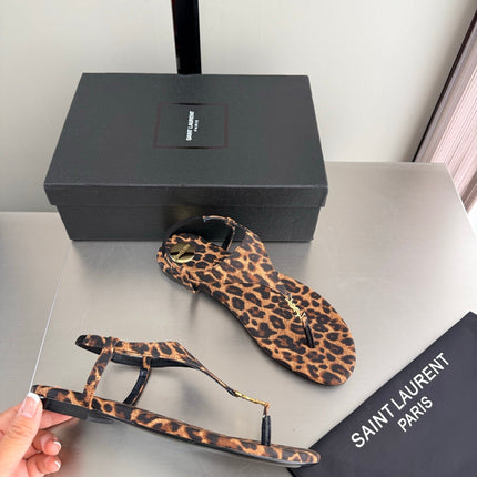 YSL 26S THONG SANDALS IN LEOPARD-PRINT CANVAS WITH GOLD HARDWARE