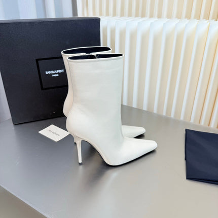 YSL 26S POINTED-TOE HEELED BOOTS 105 MM IN WHITE CALFSKIN