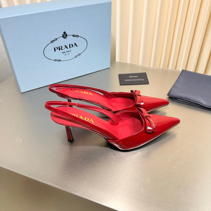 PRADA 26S POINTED-TOE SLINGBACK PUMPS IN RED PATENT CALFSKIN WITH BOW