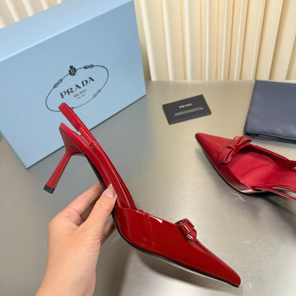 PRADA 26S POINTED-TOE SLINGBACK PUMPS IN RED PATENT CALFSKIN WITH BOW