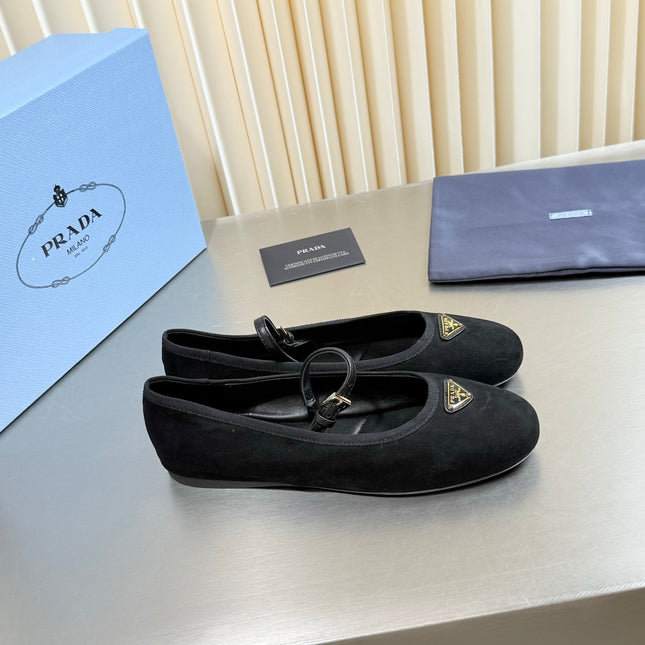 PRADA 26S MARY JANE FLATS IN BLACK SUEDE