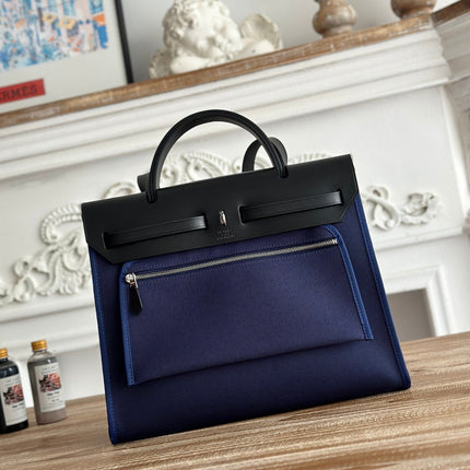 ZIP CABINE 31 BAG IN NAVY BLUE CANVAS AND BLACK CALFSKIN