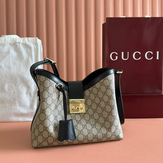 GUCCI 26S PADLOCK SHOULDER BAG 29 IN DARK BEIGE AND BLACK CALFSKIN