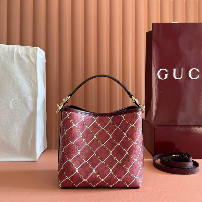GUCCI 26S GG EMBLEM BUCKET BAG 19 IN DARK RED COATED FABRIC