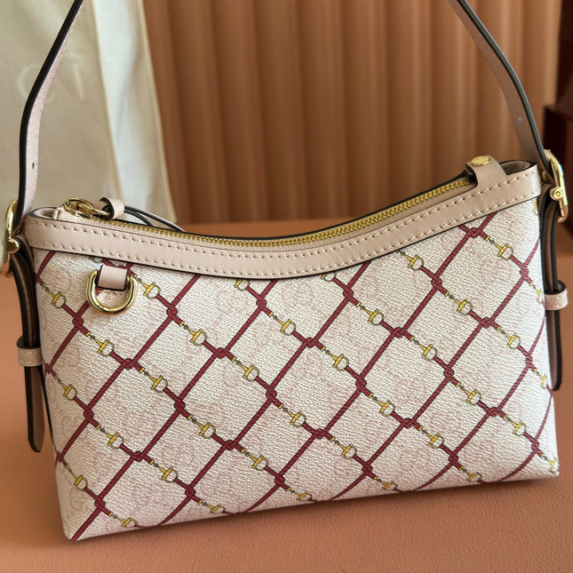 GUCCI 26S GG EMBLEM BUCKET BAG 22 IN LIGHT PINK COATED FABRIC