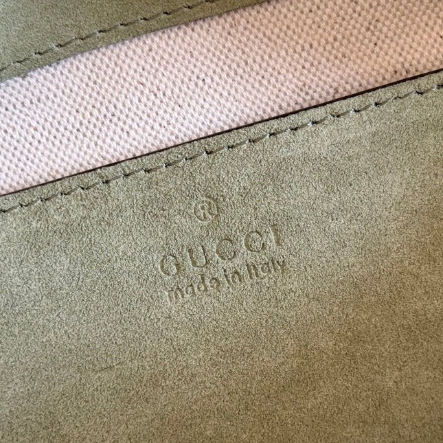 GUCCI 26S SHOULDER BAG 28 IN SAGE GREEN EMBOSSED SUEDE