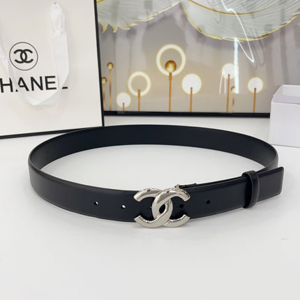 DOUBLE C BELT 30MM IN BLACK CALFSKIN WITH SHINY SILVER BUCKLE