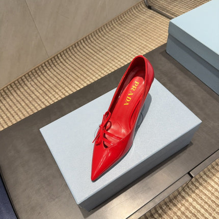 PRADA 26S POINTED TOE HEELS 75MM IN DARK RED CALFSKIN WITH BOW