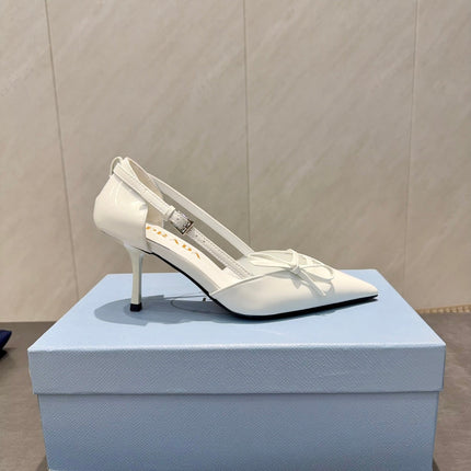 PRADA 26S POINTED TOE CUT OUT HIGH HEELS 75MM IN WHITE CALFSKIN WITH BOW
