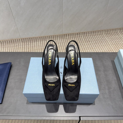 PRADA 26S LOW HEEL SQUARE TOE SLINGBACK SHOES 85MM IN BLACK SUEDE WITH LOGO
