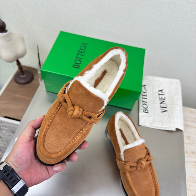 BOTTEGA VENETA 26S LOAFERS IN BROWN SUEDE AND WHITE WOOL