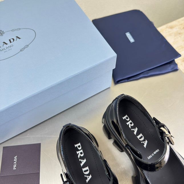 PRADA 25S PLATFORM MARY JANE SHOES IN BLACK GLOSSY CALFSKIN STYLE 2