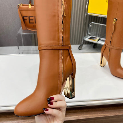 FF HIGH BOOTS IN TAWNY BROWN CALFSKIN GOLD HARDWARE