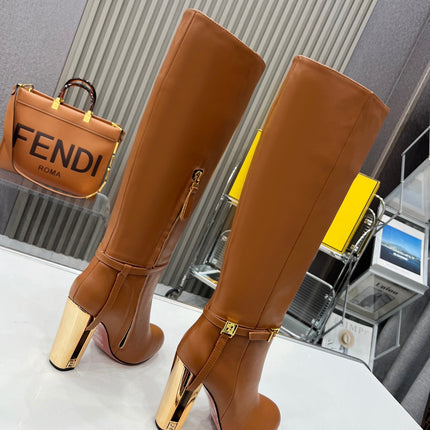 FF HIGH BOOTS IN TAWNY BROWN CALFSKIN GOLD HARDWARE