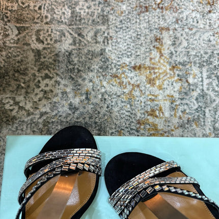 AQUAZZURA 26S HEELED SANDALS 95 MM IN BLACK SUEDE CRYSTAL-EMBELLISHED STRAPS