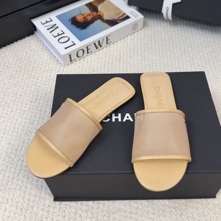 FLAT SLIDE IN FLAX YELLOW MESH AND SUEDE