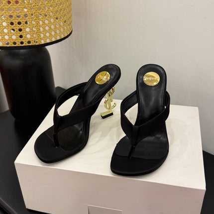 YSL 26S TOE-POST HIGH HEEL SANDALS IN BLACK SATIN