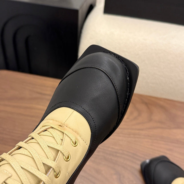 CHANEL 26S LACE UP HIGH TOP BOOTS 45 MM IN BLACK AND BEIGE CALFSKIN